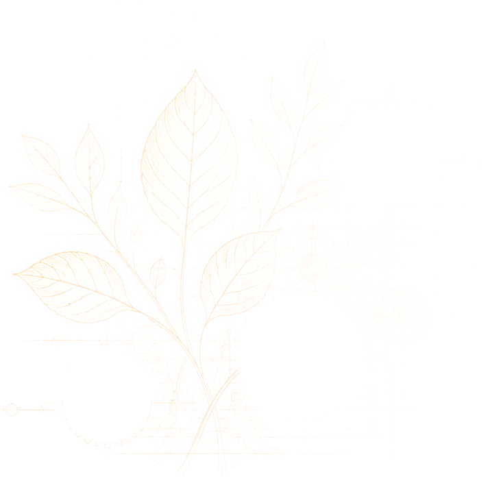 Line-drawn leaves and stems growing through clockwork gears and faint blueprint scaffolding